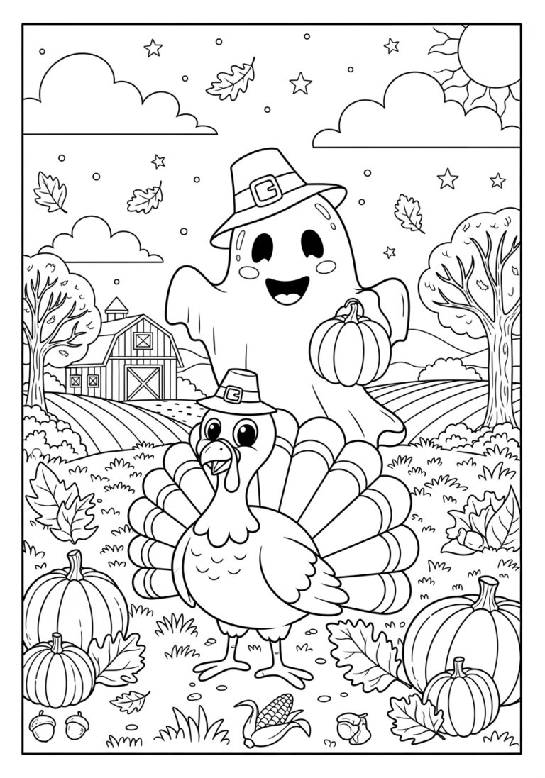 thanksgiving ghost with turkey coloring page - free download